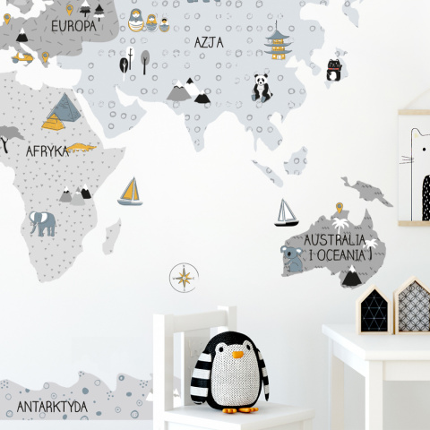 Naklejka na ścianę, mapa świata - szara Naklejka na ścianę, mapa świata - szara