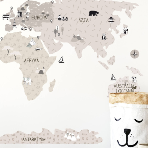 Naklejka na ścianę, mapa świata - beżowa Naklejka na ścianę, mapa świata - beżowa